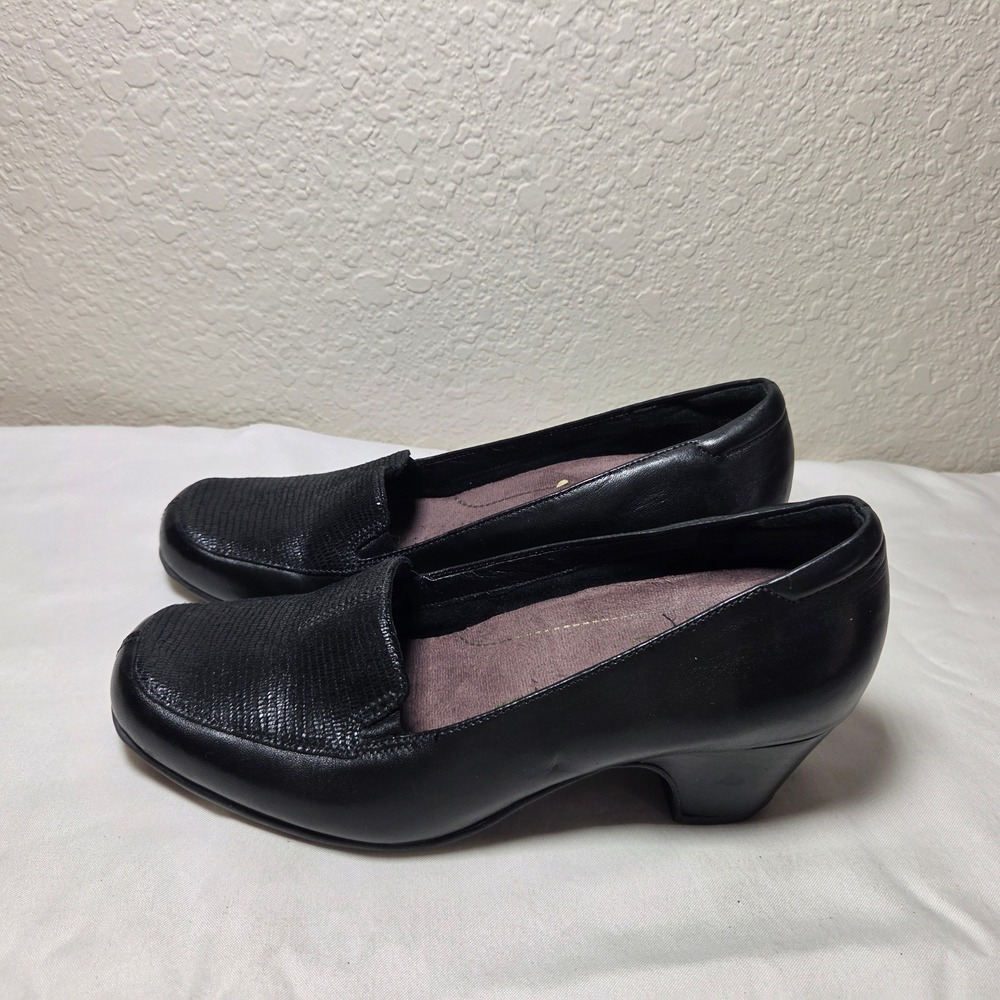 Clarks Everyday Black Leather Lizard Embossed Block Heel Pumps 6.5M 66419